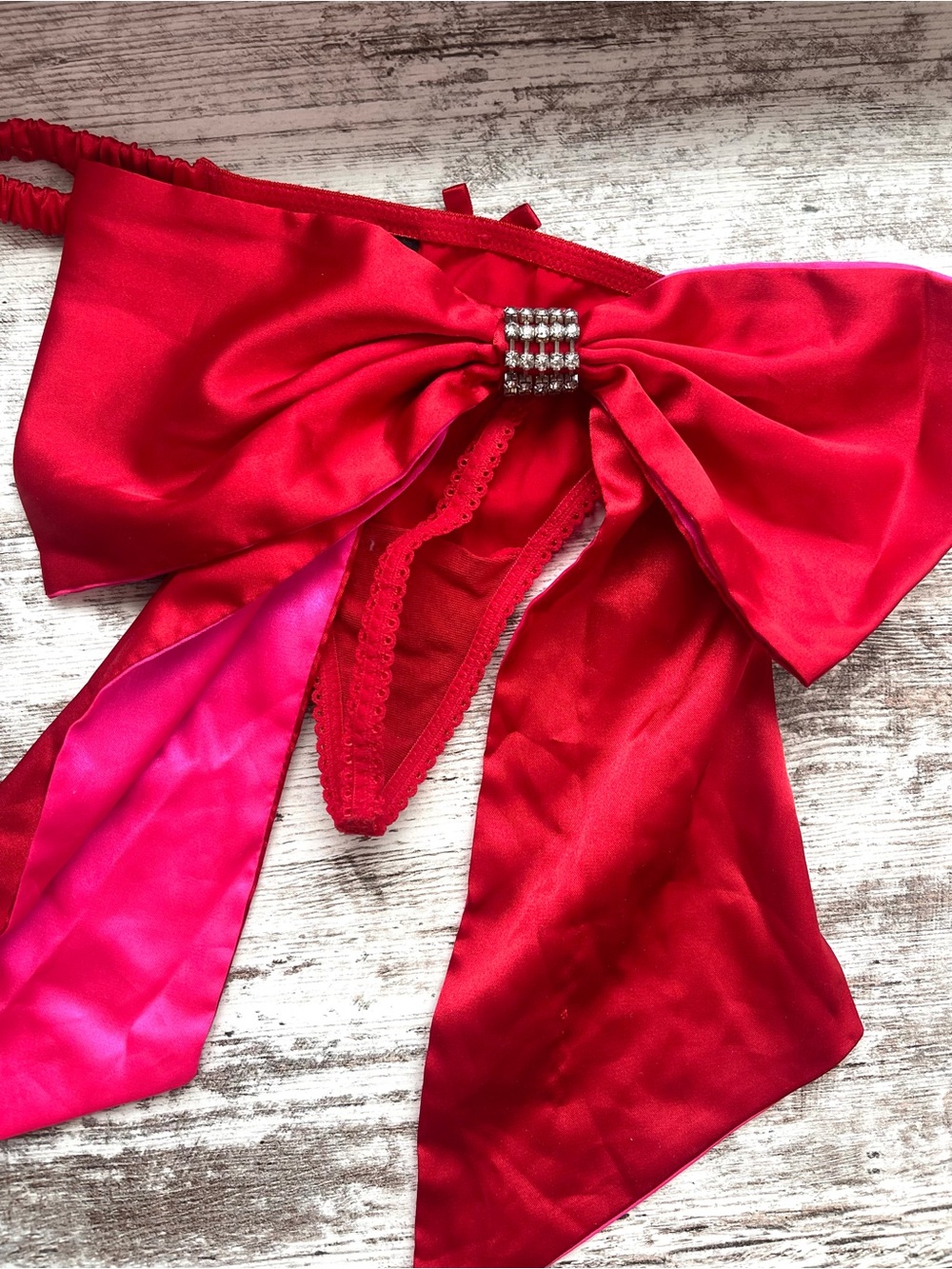 Victoria's Secret Red Satin Bow Thong with Rhinestone Accent Small